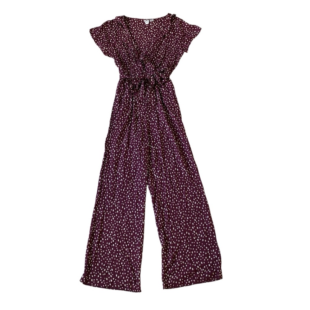 ROXY | Plum and Cream Dotted Jumpsuit Wide Leg Ruffled Wrap Front Size Small